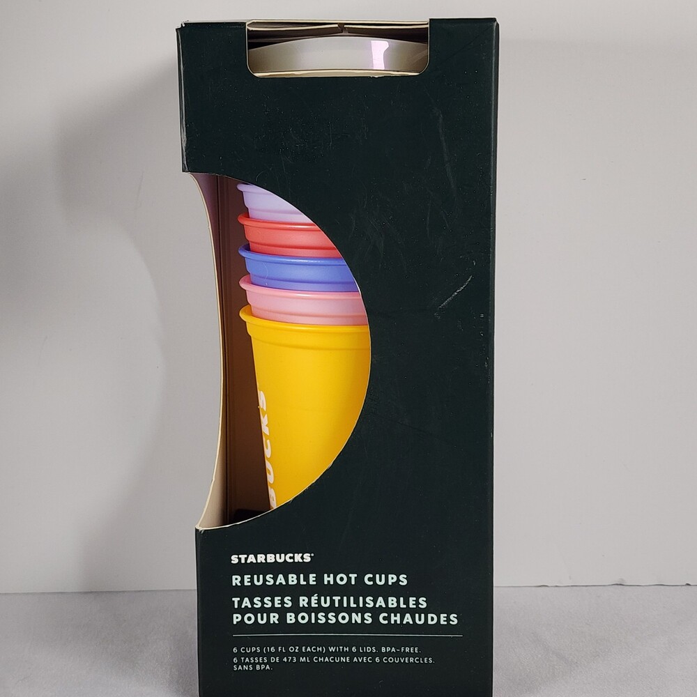 Starbucks 2023 Color Pop Shimmer Reusable Hot Cups 16 oz Stackable Set of 6 Lids